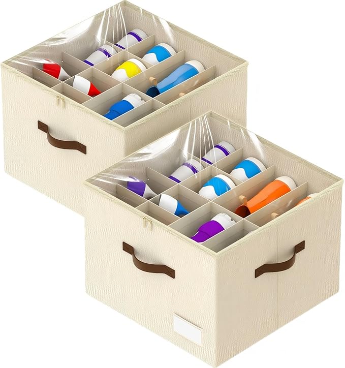 Shoe Organizer for Closet, 2 Pack Shoe Organizer with Clear Cover, Closet Shoe Storage Containers w/Adjustable Dividers, Foldable Storage Bins for Shoes, Fits 16-32 Pairs, Beige