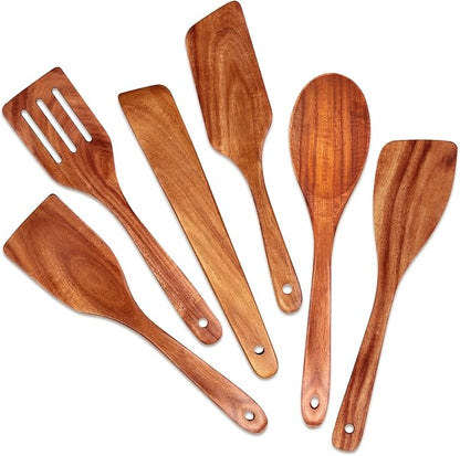 6 Pack Teak Wooden Spoons for Cooking Utensil Set Best Wood Non Toxic Spatula by Ayiaren