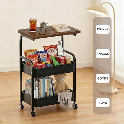 Rolling Cart with Wooden Tabletop 3-Tier Metal Utility Rolling Cart Storage - Image 3