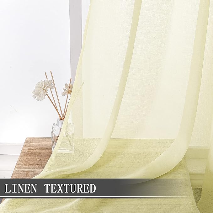 Tollpiz Short Sheer Curtain Linen Textured Bedroom Curtains Sheer Light Filtering Rod Pocket Voile Curtain for Living Room, 54 x 54 inches Long, Transparent Yellow, Set of 2 Panels