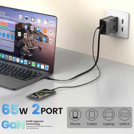 Nillkin FlexLine 65W for Retractable Wall Charger(GaN6), Dual-Port with 28.7in Retractable USB C Cable + 39.3in USB C Cable(Extra), iPhone Charger, MacBook, iPad, Samsung, Fast Charger - Black