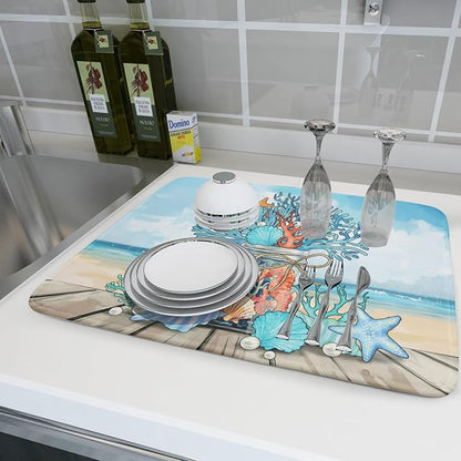 Coastal Coral Dish Drying Mat 18x24 inch Starfish Shell Fast Dry Microfiber - Image 6