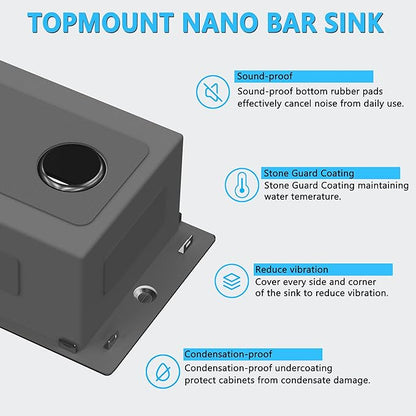 15x20 Drop In Bar Sink Black, 15 Inch Gunmetal Black Wet Bar Sink 18 Gauge Single Bowl Topmount Stainless Steel Small Kitchen Sink with Basket Strainer Drain & Bottom Grid