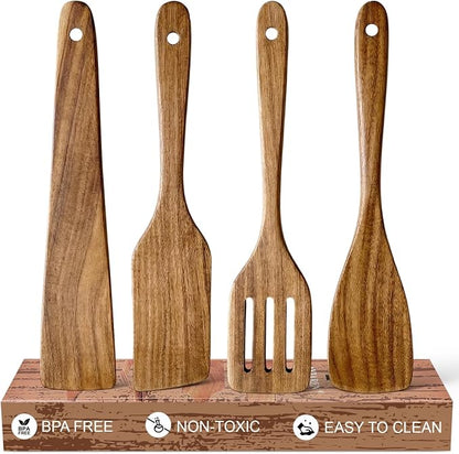 4 Pcs Acacia Wooden Spatula Set Non Toxic Kitchen Utensil Set Slotted Turner by Ayiaren