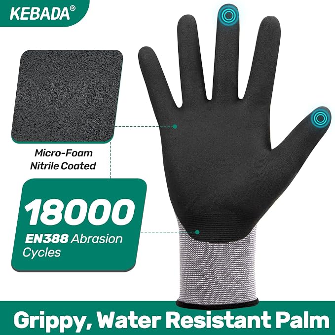 Kebada W2 Work Gloves for Men and Women, Nitrile Coated Working Gloves for - Image 2