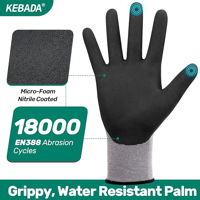 Kebada W2 Work Gloves for Men and Women, Nitrile Coated Working Gloves for Gardening, Construction, Warehouse, Safety Gloves for Work in Yard and Outdoors, 6 Pairs, Large
