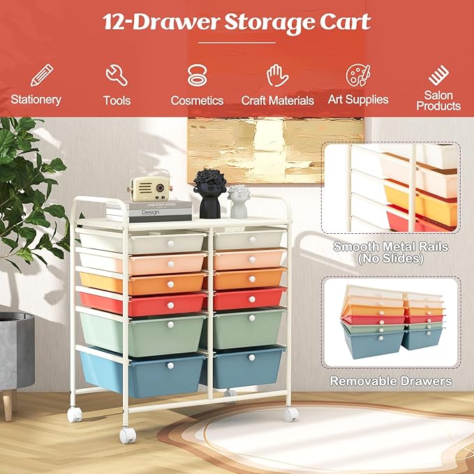 GOFLAME 12-Drawer Rolling Storage Cart, Multipurpose Organizer with 2 Sizes Plastic Drawers, Mobile Utility Cart with Lockable Casters for Home, Office, Beauty Salon, School, Macaron Color