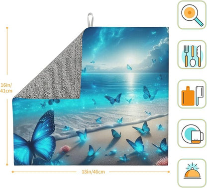 Blue Butterfly Beach Dish Drying Mat 16x18 Inch, Microfiber Absorbent Fast Dry - Image 2
