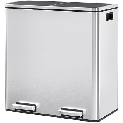 Arlopu 16 GallonStainless Steel Trash Can, 60L Dual Compartment, Metal Kitchen by Arlopu