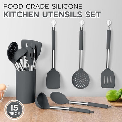 Onader Kitchen Cooking Utensils Set of 15, Silicone and Stainless Steel - Image 3