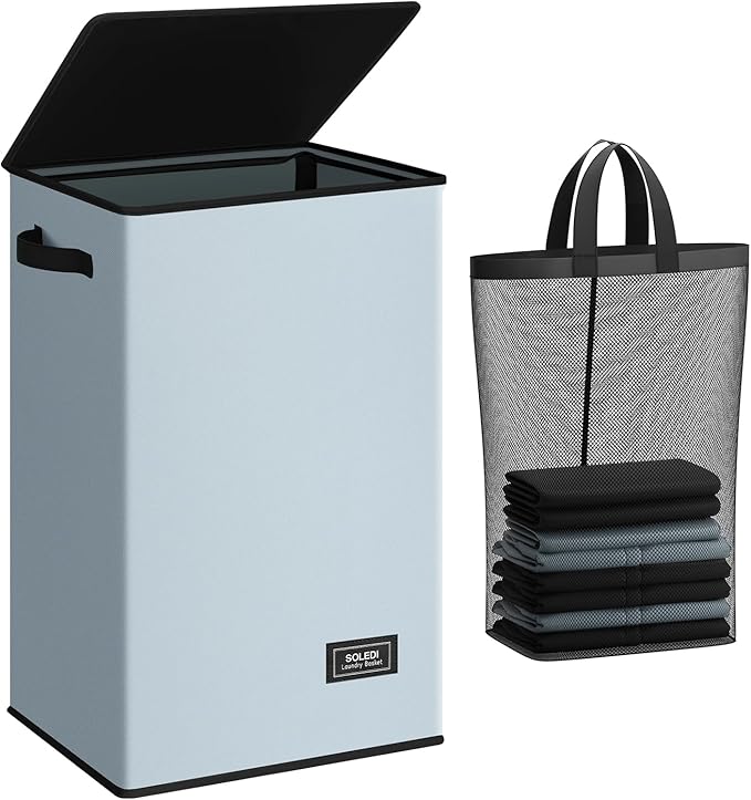 SOLEDI Laundry Hamper with Lid 90L Large & Tall Collapsible Laundry Basket, Clothes Hamper with Bag Removable Easy to Carry, Dirty Hampers for Bedroom, Bathroom, Dorm, College, Blue Grey