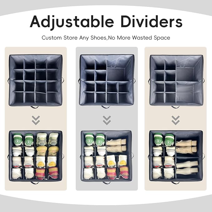 Shoe Organizer Box 2 Pack, Shoe Storage Organizer with Clear Cover, Adjustable Dividers Fits 16-32 Pairs, Fabric Shoe Organizer for Closet, Grey