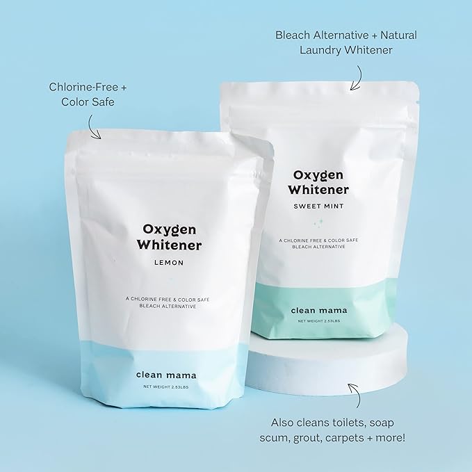 Clean Mama Natural Oxygen Whitener and Stain Remover - Color-Safe Natural Bleach Alternative - Plant-Derived Oxygen Powder, Whitens & Brightens Whites and Colors - Sweet Mint, 2.53 lbs