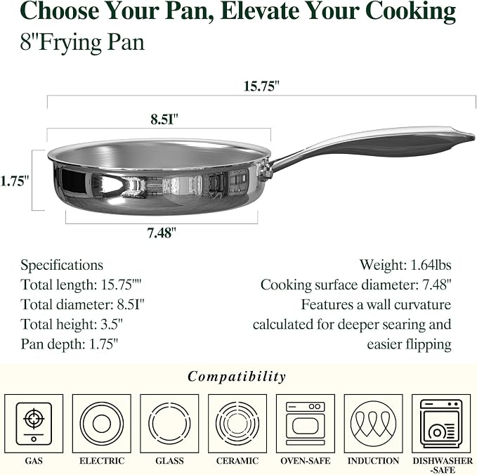 Umite Chef 5 Ply Stainless Steel Frying Pan 8 inch, Non Toxic Professional - Image 2