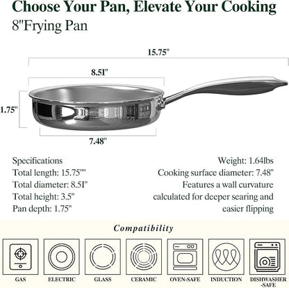 Umite Chef 5 Ply Stainless Steel Frying Pan 8 inch, Non Toxic Professional - Image 2