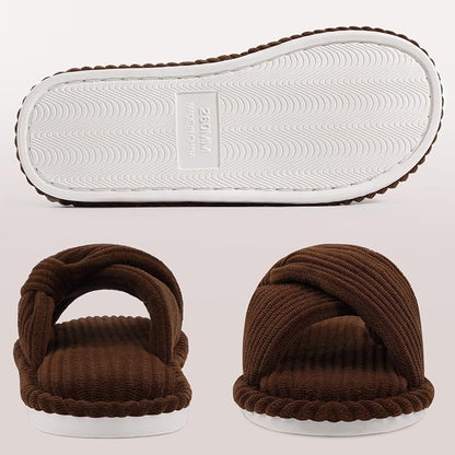 Evshine Summer House Slippers for Women Corduroy Cross Bow Indoor Slippers Open - Image 5