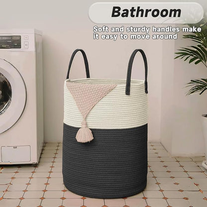 Large Woven Laundry Basket Hamper, 80L Cotton Rope Storage Bin - Image 5