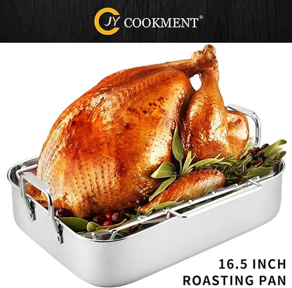 JY COOKMENT Roasting Pan with Baking Rack, 16.5 Inch Stainless Steel Turkey - Image 2