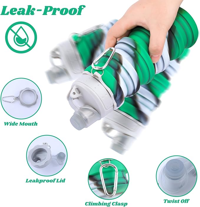 Collapsible Water Bottle for Adults, Boys, Students, Kids, Reusable Silicone Foldable Water Bottles for Travel Camping Hiking Sports,Leak-Proof Portable Sports Water Bottle (Camouflage & Green)