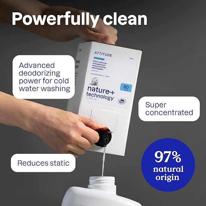 ATTITUDE Liquid Fabric Softener, Plant-Based & Vegan, HE Compatible, Naturally Derived, Lavender Scent, 80 Loads, 67.6 Fl Oz