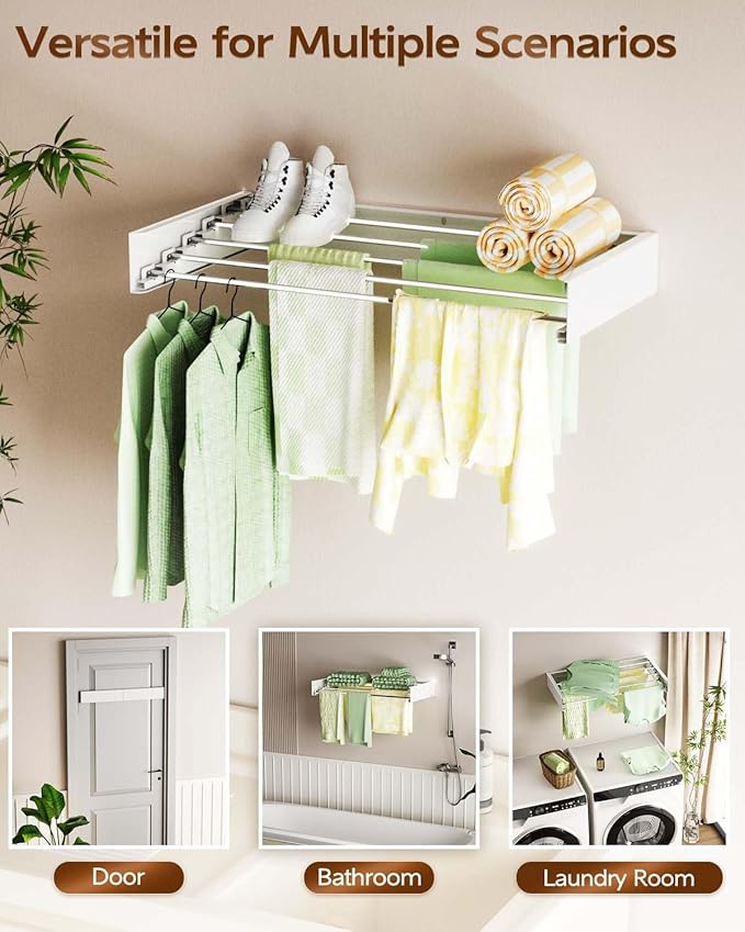 Foldable Wall Mounted Clothes Drying Rack - 32", Collapsible Laundry Drying Rack for Clothing & Towels - Includes Wall Template