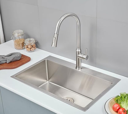 POPFLY 28×20 Inch Drop In SUS 304 Kitchen Sink, Top mount Stainless Steel 9 Inch Deep Single Bowl Kitchen Sinks, Brushed Nickel