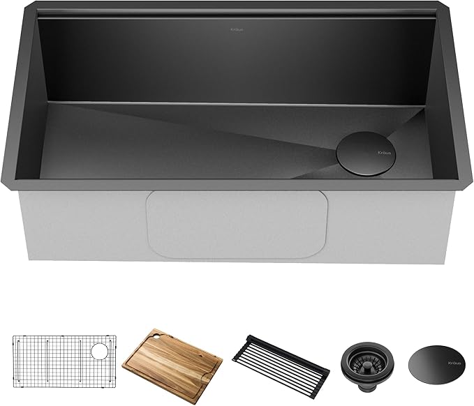 KRAUS Kore Workstation 32-inch Undermount 16 Gauge Black Stainless Steel Single Bowl Kitchen Sink in PVD Gunmetal Finish with Accessories, KWU110-32/PGM