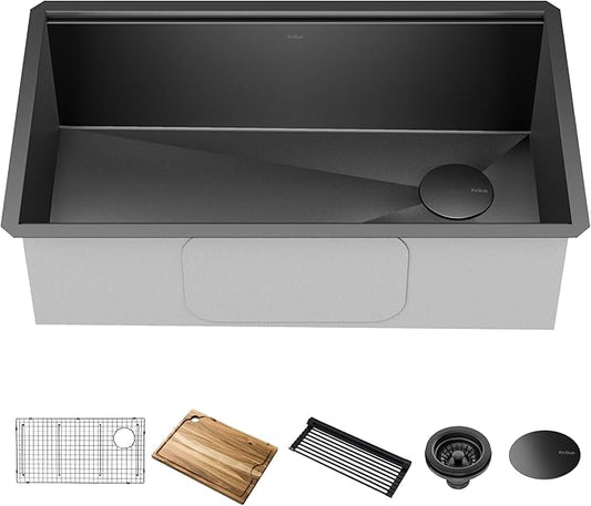 KRAUS Kore Workstation 32-inch Undermount 16 Gauge Black Stainless Steel Single Bowl Kitchen Sink in PVD Gunmetal Finish with Accessories, KWU110-32/PGM