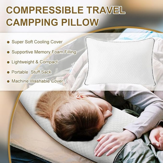 Ivellow Travel Pillow Cooling Camping Pillow for Sleeping Compressible Shredded Memory Foam Pillow Compact Firm Supportive Pillow for Adults Kids Outdoor Backpacking Hiking Essential Gear White L