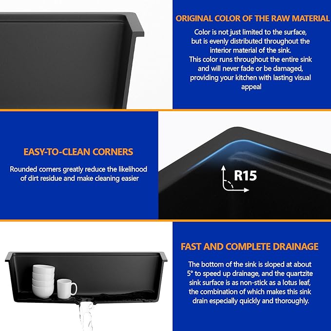 Dcolora 32 inches Granite Composite Kitchen Sink Workstation Black Undermount Single Bowl Large Kitchen Sink 32"W x 19"D x 10"H, DC-GU7741