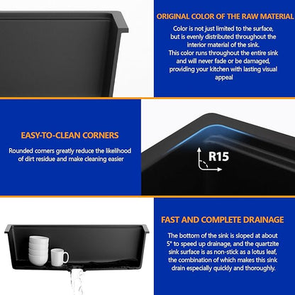 Dcolora 32 inches Granite Composite Kitchen Sink Workstation Black Undermount Single Bowl Large Kitchen Sink 32"W x 19"D x 10"H, DC-GU7741