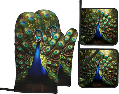 Peacock Pattern Oven Gloves and Hot Pads Set by Unknown