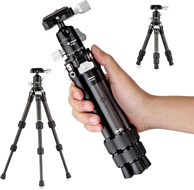 Fotopro Carbon Fiber Mini Tripod Lightweight Compact Travel Tripod with 360 Degree Ball Head, QR Plate for Camera Camcorder Mini Tripods Max Load 11lbs P-2mini Black