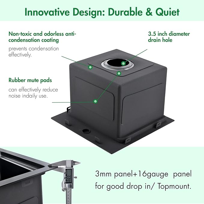 Kitchen Sink, 15 x 15 x 10 inch Kitchen Sinks Small Bar Prep Sink 16 Gauge Gunmetal Black Drop in Kitchen Sink Single Bowl Workstation Sink with Cutting Board