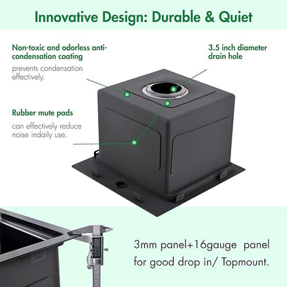 Kitchen Sink, 15 x 15 x 10 inch Kitchen Sinks Small Bar Prep Sink 16 Gauge Gunmetal Black Drop in Kitchen Sink Single Bowl Workstation Sink with Cutting Board