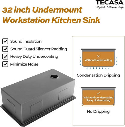 32 Inch Workstation Kitchen Sink, TECASA Undermount Deep Single Bowl, Stainless Steel with Integrated Ledge and Accessories, World-Class Manufacturing Standard (32" x 18" x 10")