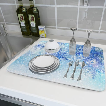 Giwawa 18"x24" Winter Blue Snowflakes Dish Drying Mat Christmas Snow Falling - Image 5
