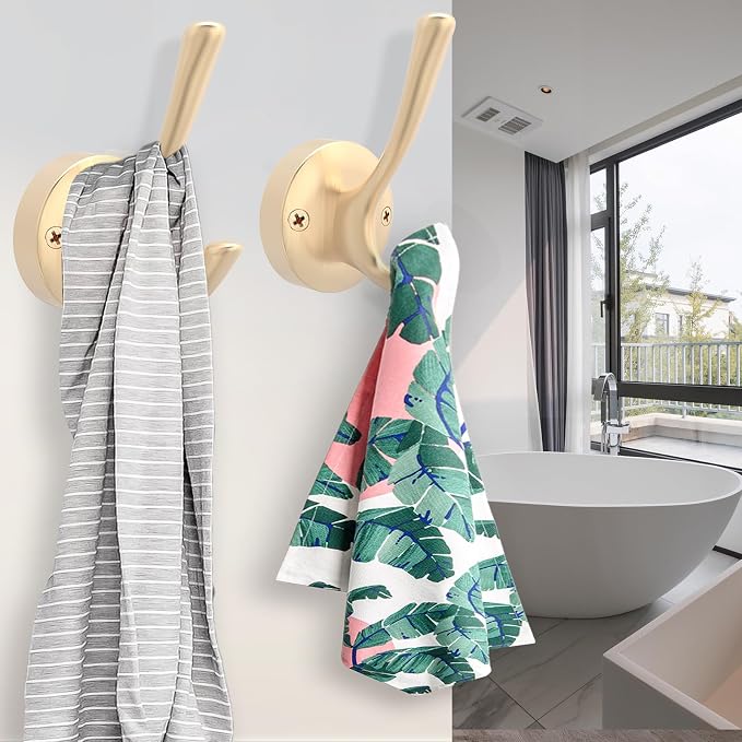 Gold Wall Hooks, 6 Pack Coat Robe Hook Heavy Duty Metal Double Bath Hook Wall - Image 3