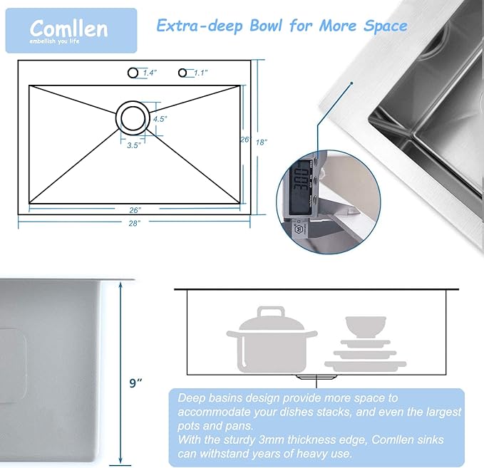 Comllen 28 Inch Drop in Kitchen Sink,28x18 Inch Top Mount 18 Gauge Stainless Steel Deep Kitchen Sinks,Brushed Nickel Single Bowl RV Laundry Utility Sink