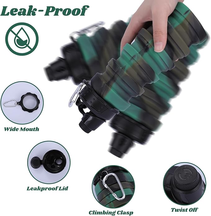 Collapsible Water Bottle for Adults, Boys, Students, Kids, Reusable Silicone Foldable Water Bottles for Travel Camping Hiking Sports,Leak-Proof Portable Sports Water Bottle (Camouflage & Purple)