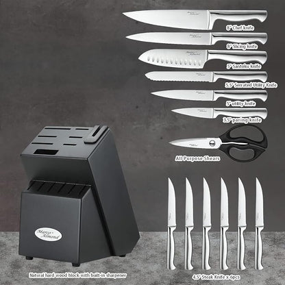 Marco Almond® Knife Set with Block KYA28, 14 Pieces Stainless Steel Chef - Image 2