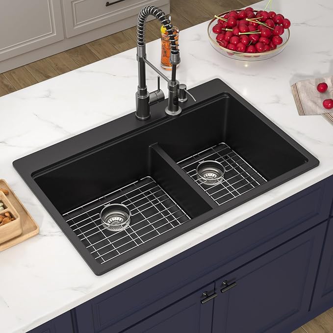 33 Inch Drop in Granite Composite Black Kitchen Sink-Donsdey Double Bowl Topmount 60/40 Basin Quartz Workstation Sink with Luxury Accessories Easy Cleaning Noise Reduction