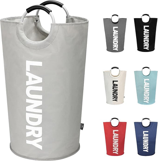 DOKEHOM 90L Large Laundry Basket, Collapsible Laundry Bag, Freestanding Tall Clothes Hamper, Foldable Washing Bin (Grey)