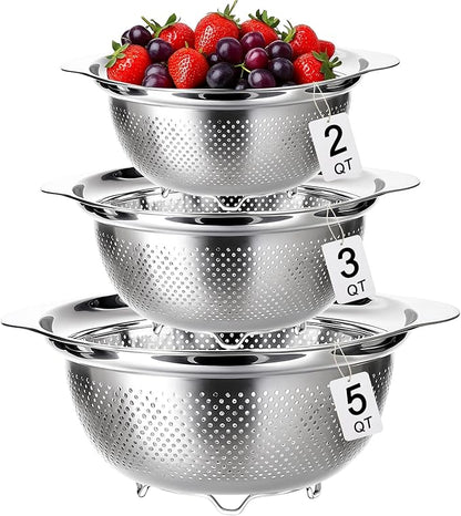 3 Pcs Stainless Steel Colander Strainer Set Metal Colander by TINSKY