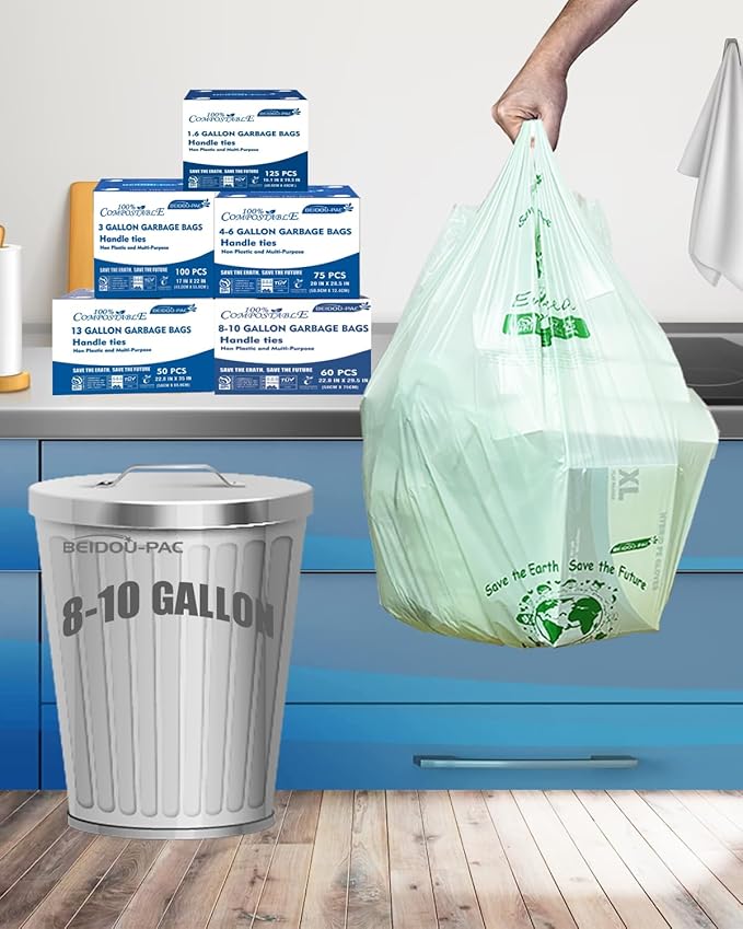 8-10 Gallon Compostable Trash Bags, 120 Count, Compost Bags Kitchen Trash Bags with Handle, Sturdy Biodegradable Garbage Bags Food Scrap Waste Bags, ASTM D6400, US BPI Certified