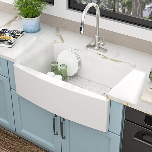 33 White Farm Sink - Fulorni 33"x21" Farmhouse Kitchen Sink Curved Apron Front Ceramic Porcelain Fireclay Single Bowl Farmer Style Basin