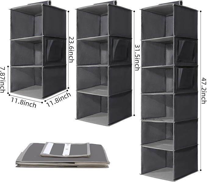 2 Packs Hanging Closet Organizer Stroage, 3-Shelf Hanging Shelves with Bamboo Inserts & Side Pocket, Grey
