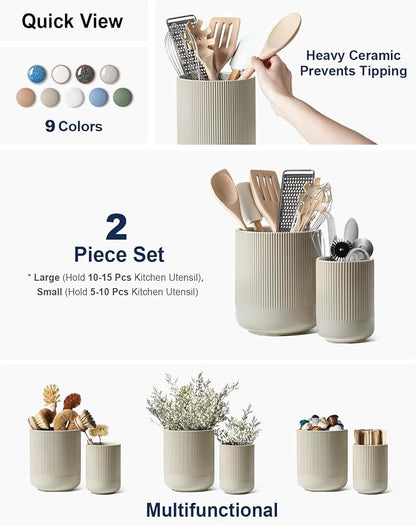 LE TAUCI Utensil Holder for Kitchen Counter, 7.3"+5.4" Fluted Ceramic Utensil - Image 2