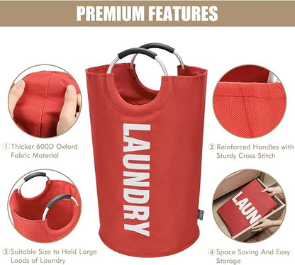 DOKEHOM 90L Large Laundry Basket, Collapsible Laundry Bag, Freestanding Tall Clothes Hamper, Foldable Washing Bin (Red)