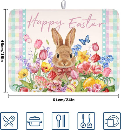 Easter Bunny Dish Drying Mat for Kitchen Counter Happy Easter Rabbit Floral - Image 2